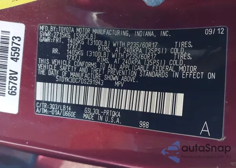 2013 Toyota Sienna Xle/Limited from USA, damaged, VIN 5TDYK3DC7DS291943